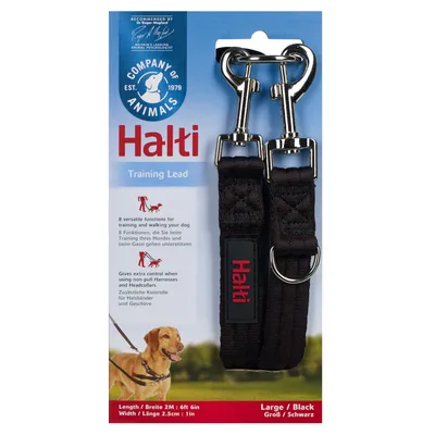 Halti Training Lead, lunghezza 2 m, larghezza 2,5 cm, colore nero. 8 funzioni per addestramento e passeggiate. Controllo aggiuntivo per collari e pettorine.