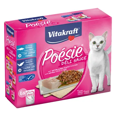 Vitakraft Poésie Deli Sauce, met natuurlijke stukjes vis, 6x portiezakjes. Soorten: kabeljauw en koolvis in fijne saus. Suikervrij, graanvrij, MSC-gecertificeerd.