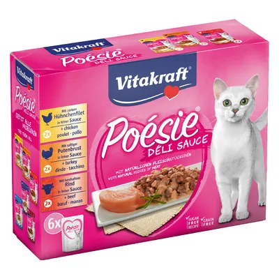 Vitakraft Poésie Deli Sauce, 6x portiezakjes met malse kipfilet, sappige kalkoenborst en hartig rundvlees in fijne saus. Suikervrij en graanvrij.