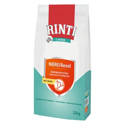 RINTI Canine NIERE/Renal, Niereninsuffizienz, Reduzierter Eiweißgehalt, mit Huhn, 12 kg. Texte en allemand visibles sur l’emballage.