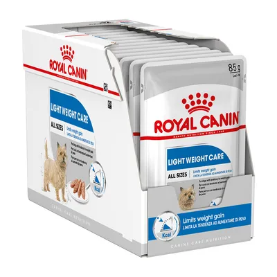 Royal Canin Light Weight Care sachets 85 g, alimentation pour chien, visible : limite la prise de poids, toutes tailles, photo d’un chien et croquettes sur l’emballage.