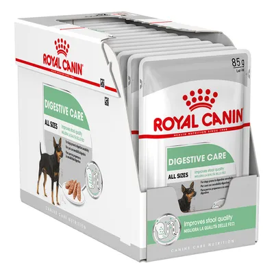 Boîte de sachets Royal Canin Digestive Care pour chiens, 85 g, mention All Sizes, améliore la qualité des selles, illustration d’un chien et d’un intestin stylisé visibles sur l’emballage.