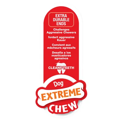 Dog Extreme Chew. Extremos extra duraderos, desafía a masticadores agresivos, limpia los dientes. Descripción del producto en varios idiomas.