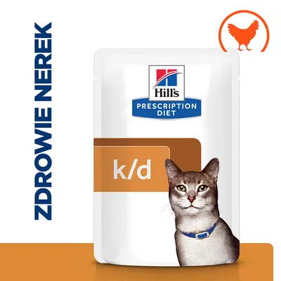 Hill's Prescription Diet k/d dla kotów, opakowanie z wizerunkiem kota, napis ZDROWIE NEREK, symbol kurczaka w prawym górnym rogu.