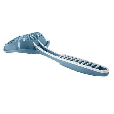 Cat scoop made of blue plastic with white accents, ergonomic handle and slots for easy cleaning.