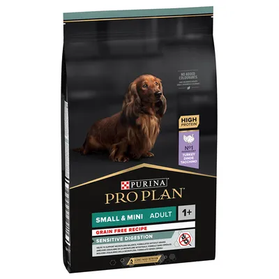 Purina Pro Plan Small & Mini Adult 1+, rețetă fără cereale, digestie sensibilă, conținut ridicat de proteine, ingredient principal curcan, fără coloranți adăugați.