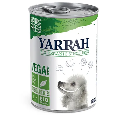 Yarrah Bio-Organic Since 1992, VEGA with cranberries, grain free recipe, pure food, BIO ORGANIC, dåse med billede af hund, 380 g