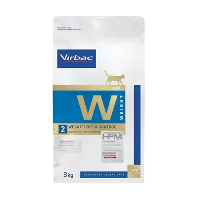 Virbac Cat W Weight 2 Weight Loss & Control, Veterinary HPM, 3 kg, CAT ALL SIZES. Zak kattenvoer met blauwe en gouden accenten.