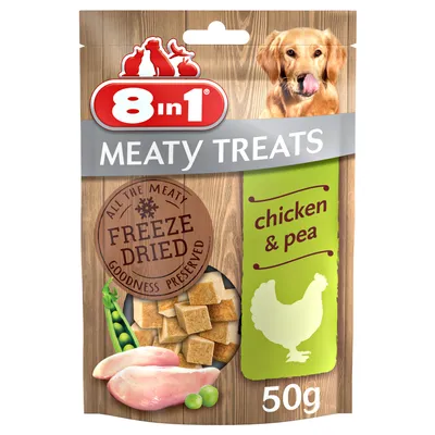 8in1 Meaty Treats, gevriesdroogd, smaak: kip en erwt, 50g. Verpakking toont stukjes kippenvlees en erwten.