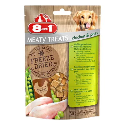 Συσκευασία 8in1 Meaty Treats chicken & peas, λυοφιλοποιημένες λιχουδιές με κοτόπουλο και αρακά. Εμφανής η ένδειξη 'Freeze Dried', χωρίς ζάχαρη, χρωστικές, ενισχυτικά γεύσης, συντηρητικά, GMO.