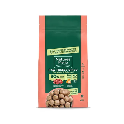 Raw freeze dried complete and balanced food with 80% beef, 20% fruit and vegetables, no grain. Maximum nutrient preservation, digestive wellbeing. Just pour and serve.