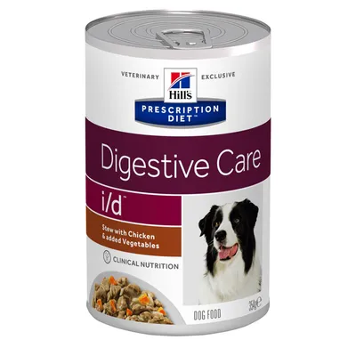 Konzerva Hill's Prescription Diet Digestive Care i/d Stew with Chicken & added Vegetables, obrázek psa a jídla, 354 g. Text: VETERINARY EXCLUSIVE, CLINICAL NUTRITION, DOG FOOD.
