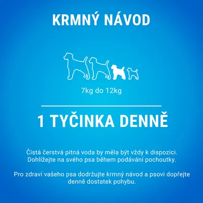 Krmný návod pre psy 7 kg až 12 kg: 1 tyčinka denne. Vždy zabezpečte čerstvú vodu, dohliadajte na psa pri podávaní a dodržujte odporúčané dávkovanie.