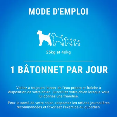 Mode d'emploi : 1 bâtonnet par jour pour chiens de 25 kg et 40 kg. Conseils : eau propre, surveiller lors de la friandise, respecter les rations et favoriser l'exercice quotidien.