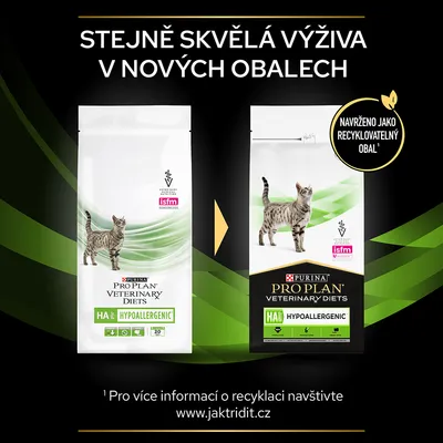 Porovnanie starého a nového obalu Purina Pro Plan Veterinary Diets HA Hypoallergenic pre mačky, text: Navrhnuté ako recyklovateľný obal. Text na obale v češtine.