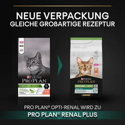 Annonce en allemand : nouvelle emballage pour PURINA PRO PLAN Sterilised Adult, passage de Opti-Renal à Renal Plus. Texte principal non traduit, informations visibles sur les deux paquets.