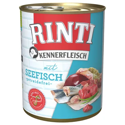 RINTI Kennerfleisch mit Seefisch, getreidefrei. Dåse med billede af fisk, kød og indmad på etiketten. Rødt mærke: Rinti seit 1983 Original.