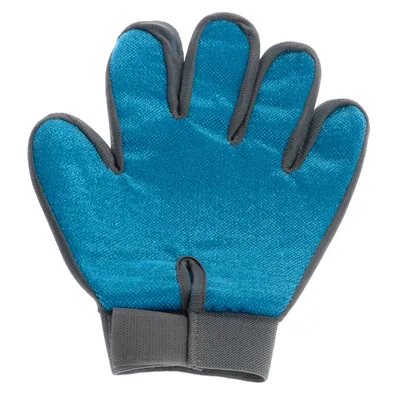 Blauer Pflegehandschuh mit fünf Fingern und verstellbarem Klettverschluss, geeignet für Fellpflege.