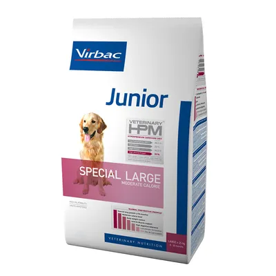 Balení krmiva Virbac Junior Special Large Moderate Calorie, Veterinary HPM, pro psy nad 25 kg, viditelný graf a text: HIGH ANIMAL PROTEIN 38 %, LOW CARBOHYDRATE 25 %