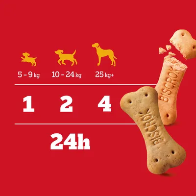 Etetési javaslat: kutyák 5-9 kg, 1 darab; 10-24 kg, 2 darab; 25 kg-tól, 4 darab 24 óránként. A képen Biscrok-Knochen.