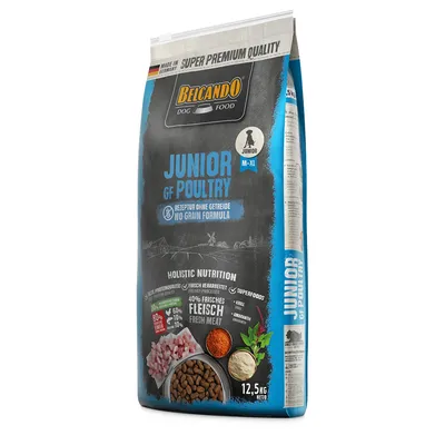 Sac Belcando Dog Food Junior GF Poultry 12,5 kg, recette sans céréales, 40 % viande fraîche, pour chiens juniors M–XL. Texte en anglais et allemand visible sur l'emballage.