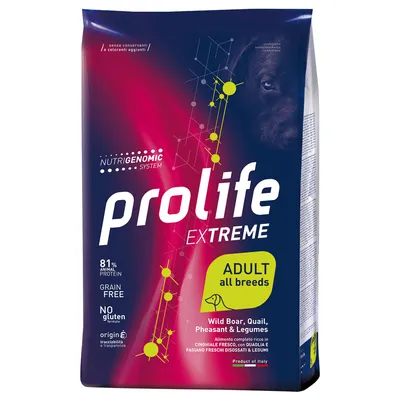 Saco de pienso para perros Prolife Extreme Adult all breeds, 81 % proteína animal, sin cereales, sin gluten. Ingredientes: jabalí, codorniz, faisán y legumbres. Producto de Italia.