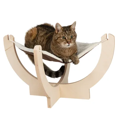 Træstel med hængekøje af stof, en brunstribet kat ligger på den. Produkt til afslapning eller soveplads for katte.