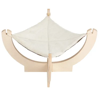 Houpací síť ze dřeva s bílým textilním potahem, vhodná pro domácí mazlíčky. Moderní design s prohnutými dřevěnými lamelami.