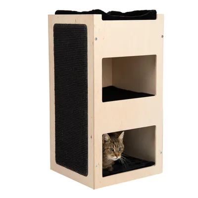 Dřevěný kočičí domek se dvěma otvory, černým polstrováním a boční škrabací plochou z textilu. V dolní části je vidět kočka uvnitř.