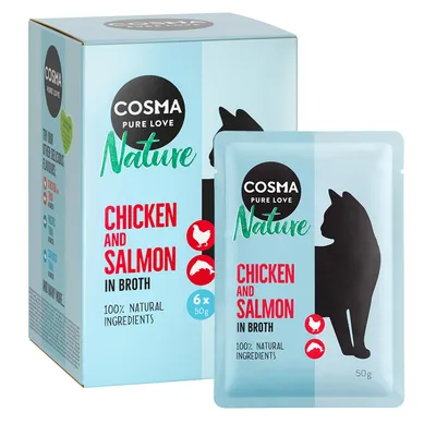 Cosma Nature Chicken and Salmon in Broth, 100% natürliche Zutaten, Packung mit 6 x 50g Beuteln.