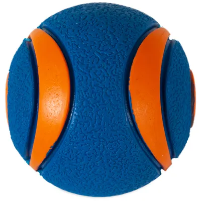 Blue ball with orange stripes and textured surface, suitable for play or training purposes.