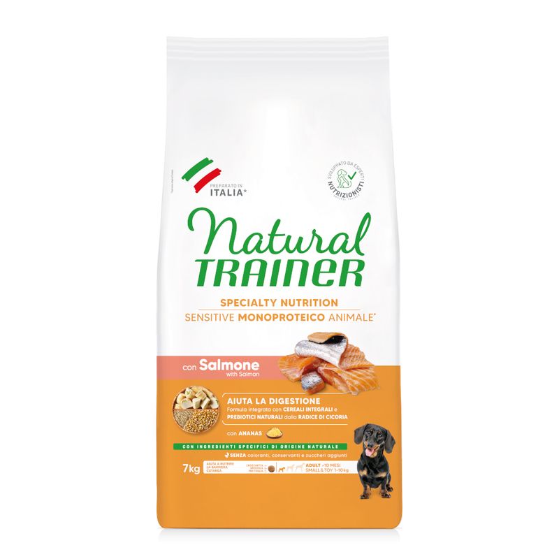 Natural Trainer Sensitive Adult Small & Toy con Salmone Crocchette cane