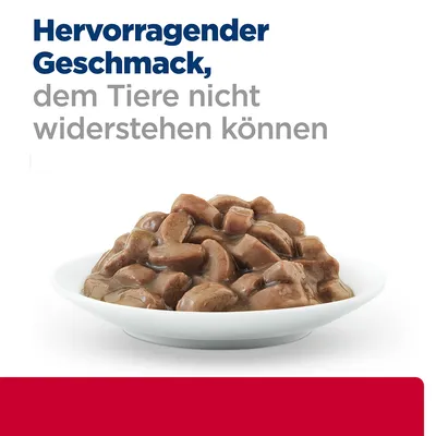 Hervorragender Geschmack, dem Tiere nicht widerstehen können. Abgebildet: braune Fleischstücke in Sosse auf einem weissen Teller.
