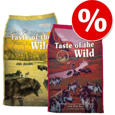 Два пакета Taste of the Wild с видими надписи: High Prairie Canine Formula и Southwest Canyon Canine Formula. В горния десен ъгъл има голям червен символ за процент.