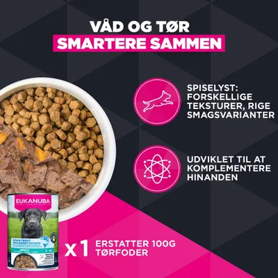 Eukanuba vådfoder erstatter 100 g tørfoder. Forskellige teksturer og smagsvarianter, udviklet som supplement. Illustration af tør- og vådfoder i skål. Eukanuba vådfoder erstatter 100 g tørfoder. Forskellige teksturer og smagsvarianter, udviklet som supplement. Illustration af tør- og vådfoder i skål.
