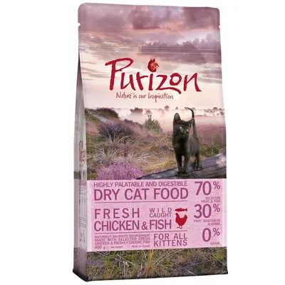 Purizon torrfoder för kattungar, 70 % kött och fisk, 30 % frukt, grönsaker och örter, 0 % spannmål. Text: Fresh chicken, wild caught fish, for all kittens. Nettovikt 400 g.