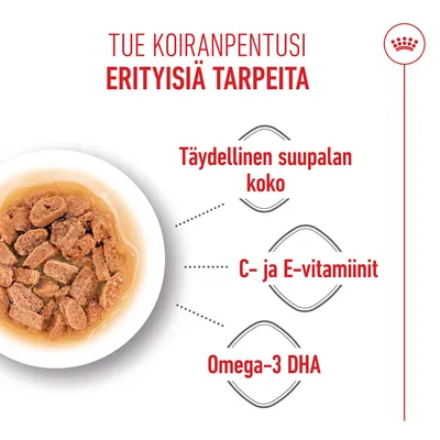 Kulho, jossa on ruokapaloja, Teksti: Täydellinen suupalan koko, C- ja E-vitamiinit, Omega-3 DHA. Tukee erityistarpeita.