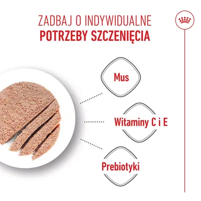 Mus, witaminy C i E, prebiotyki. Zadbaj o indywidualne potrzeby szczenięcia. Zdjęcie musu na talerzu.