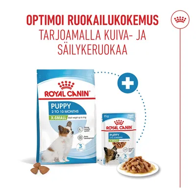 Royal Canin Puppy X-Small kuiva- ja märkäruoka pennuille 2–10 kuukauden ikäisille, pakkaukset ja ruoka kuvattuna.