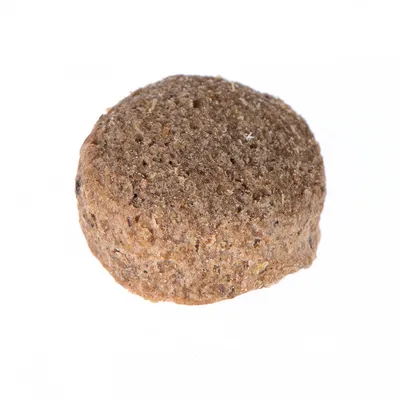 Close-up of a brown, round pet food pellet with a granular texture.