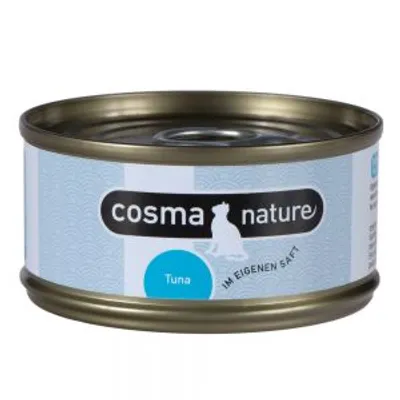 Scatoletta Cosma Nature, testo visibile: Tuna, IM EIGENEN SAFT. Etichetta azzurra con silhouette di gatto.