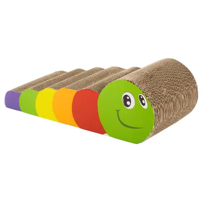 Griffoir en carton ondulé en forme de chenille colorée, avec tête verte souriante et segments violets, verts, jaunes, orange et rouges visibles.