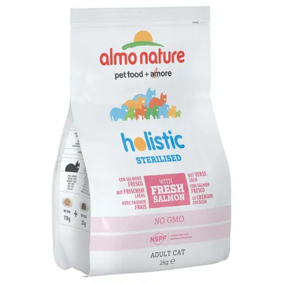 almo nature pet food + amore holistic sterilised with fresh salmon, NO GMO, NSPF, ADULT CAT 2kg. Tekst på flere sprog om frisk laks og egnet til steriliserede katte synlig på posen.