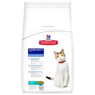 Hill's Science Plan Mature Adult 7+ Senior Active Longevity con atún, pienso para gatos mayores. Imagen del envase con gato y texto en inglés sobre ingredientes y beneficios.