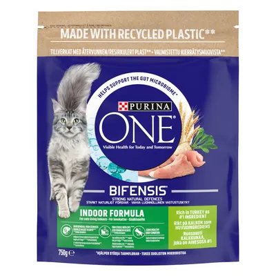 Purina ONE Bifensis Indoor Formula, supports gut microbiome, strong natural defences, rich in turkey as number one ingredient, 750g pack, made with recycled plastic.