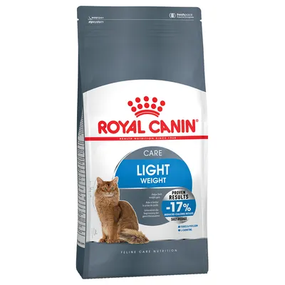 Royal Canin Care Light Weight hrană pentru pisici, reduce aportul de calorii cu -17%, cu fibre și psyllium, precum și L-carnitină. Ambalajul prezintă o pisică și detalii despre produs.