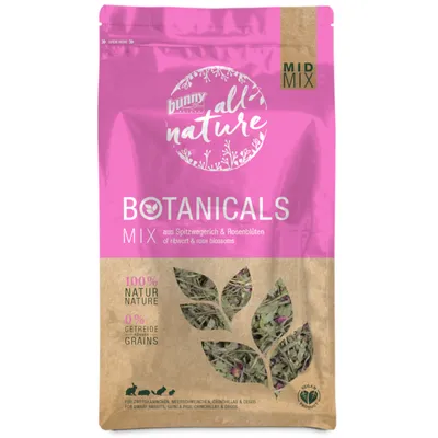 Bunny Nature Botanicals Mix, 100 % nature, 0 % céréales, mélange de plantain et pétales de rose, pour lapins nains, cochons d’Inde, chinchillas et octodons. Texte en anglais/allemand visible.