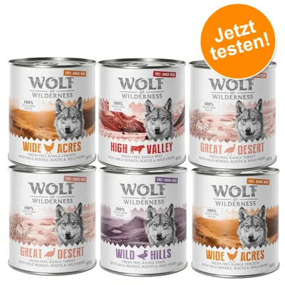 Wolf of Wilderness Nassfutter-Dosen: Wide Acres (Huhn), High Valley (Rind), Great Desert (Truthahn), Wild Hills (Ente). 100% getreidefreie Rezeptur. Jetzt testen!