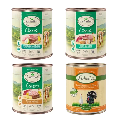 Vier Dosen Lukullus Classic Nassfutter für Hunde: Wildkaninchen & Truthahn, Kaninchen & Wild, Geflügel & Lamm, Putenherzen & Gans. Jeweils 800g, mit natürlichen Zutaten und hochwertigen Ölen.