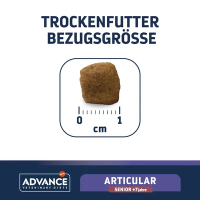 Trockenfutter Bezuggrösse: Krokette mit Massstab von 0 bis 1 cm. Advance Veterinary Diets Articular Senior +7 Jahre.